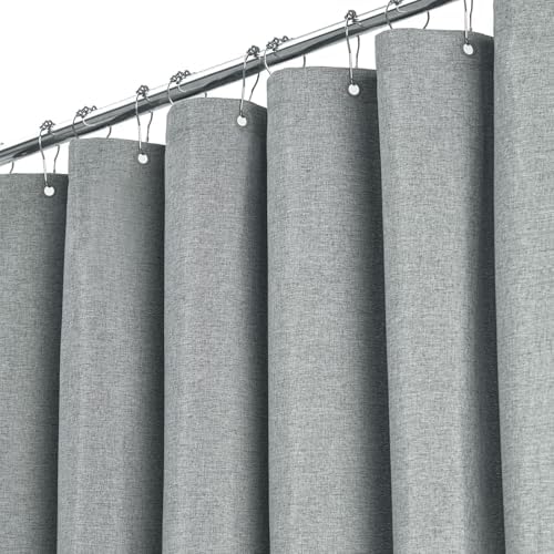 BTTN 72x80 Linen Textured Waterproof Fabric Shower Curtain Set, Grey/Gray