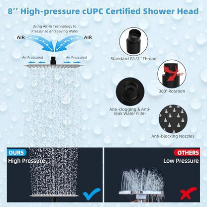Hibbent All Metal CUPC Certified 8'' Rainfall Shower Head, Dual Shower Head Combo, High Pressure Handheld 4 Sprays Shower Wand, 16'' Adjustable Extension Arm, 71'' Hose, Shower Holder, Matte Black