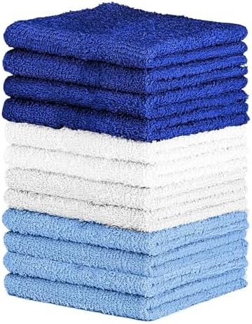 QUBA LINEN 100% Cotton Washcloth Set – Soft, Absorbent Face Towels for Bathroom & Gym Use – Durable & Reusable Wash Cloths - (Blue, White and Navy (12x12), (Pack of 12)