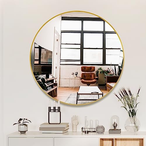 Delma 30 Inch Gold Round Circle Mirror for Bathroom Wall, Metal Frame