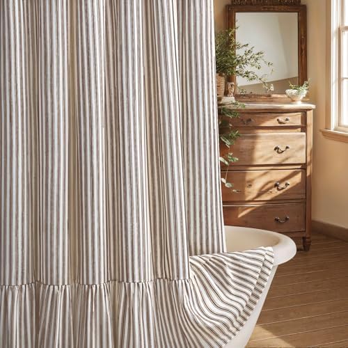 Farmhouse Shower Curtain Ruffle Linen Cream-Brown Stripe 48"W x 72"L