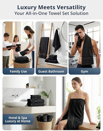 LANE LINEN Towel Set for Bathroom Soft Absorbent Quick Dry 6 Piece - Black