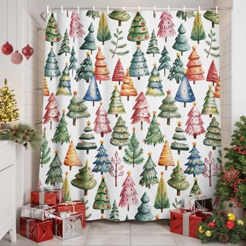 Christmas Tree Shower Curtain Bathroom Set Star Xmas Pine Trees Waterproof Shower Curtains with Grommets Hooks Colorful Cartoon Style Privacy Bath Curtain for Bathtub Decor 36x72in