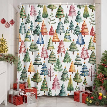 Christmas Tree Shower Curtain Bathroom Set Star Xmas Pine Trees Waterproof Shower Curtains with Grommets Hooks Colorful Cartoon Style Privacy Bath Curtain for Bathtub Decor 36x72in