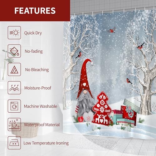 Winter Christmas Shower Curtain for Bathroom 72W*72H Inch Cute Gnome Cardinals Snowflake Snowy Bird Forest Holiday Decorations Bathtub Decor Waterproof Polyester Fabric Set