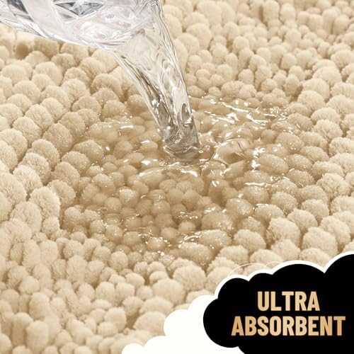 OLANLY Thick Bathroom Rugs 36x24, Soft Chenille Striped Bath Rugs, Beige