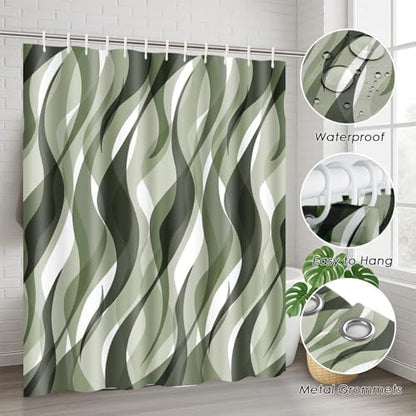 Bathroom Sets with Shower Curtain and Rugs, 4 Pcs, Green Geometric