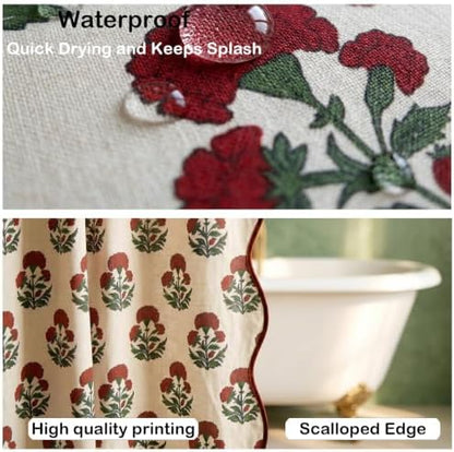 Boomkin Block Print Scalloped Shower Curtain Set with 12 Hooks