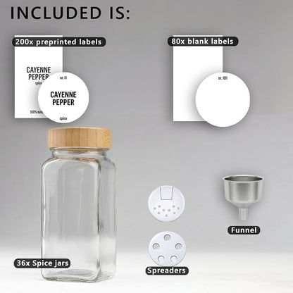 Deco haus Glass Spice Jars with Label 36x4oz [WHITE LABELS incl] Spice Containers with Labels, Shaker Lids & Funnel - Empty Herb Seasoning Containers, Small Seasoning Bottles for Herb with Lid