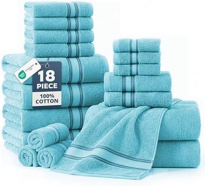 LANE LINEN Bath Towel Set 100% Cotton 18 Piece Soft Absorbent - Blue