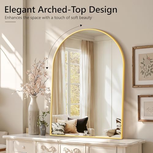 Arched Bathroom Mirror for Wall, 40" x 28" Metal Frame Vanity Mirror, Gold