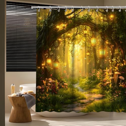 Fantasy Forest Path Shower Curtain Yellow Fairy Magical Enchanted Misty Jungle Mushroom Floral Tree Butterfly Lantern Wonderland Bath Curtain Fabric Bathroom Accessories Decor with Hooks 70W x70L