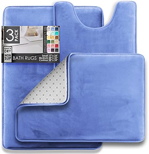 Clara Clark 3 Piece Bathroom Rugs Bath Mat Set, Velvet Memory Foam Bath Mats for Bathroom - Non-Slip, PVC Backing Bath Rugs, Washable - Dries Quickly, Blue