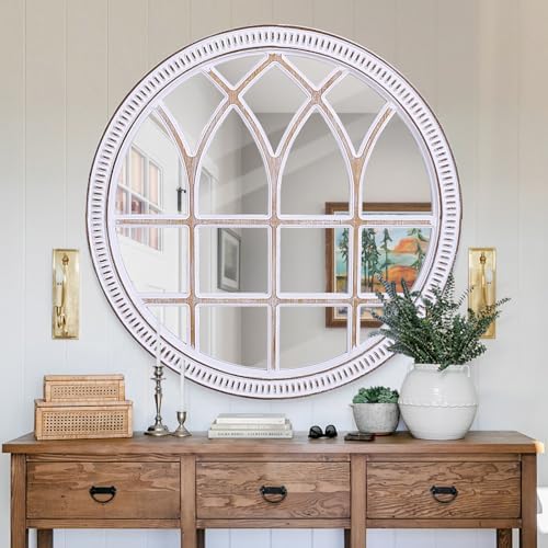 Round Window Mirror Wood 30 Inch Rustic Farmhouse Wall Mirrors for Entryway