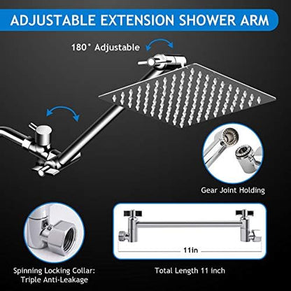Shower Head Combo,8 Inch High Pressure Rain Shower Head with 11 Inch Adjustable Extension Arm and 5 Settings Handheld Shower Head Combo,Powerful Shower Spray Against Low Pressure Water with Long Hose