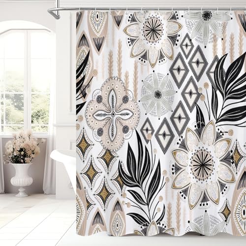 Boho Floral Shower Curtain, White Botanical Fabric Curtain, 72 x 72