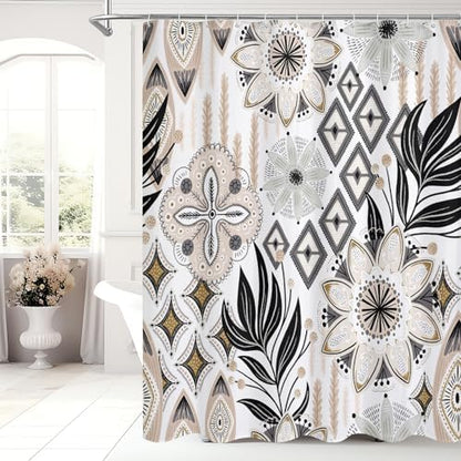 Boho Floral Shower Curtain, White Botanical Fabric Curtain, 72 x 72