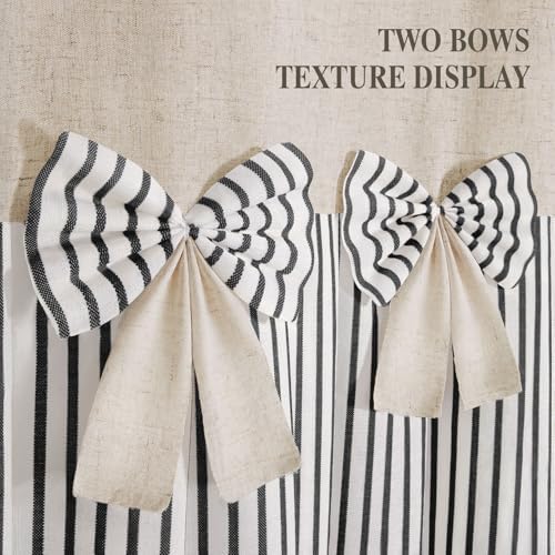 Farmhouse Shower Curtain Linen Bow Pleated Black Stripe 72"W x 72"L