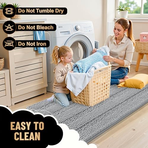 OLANLY Thick Bathroom Runner Rugs 59x20, Chenille Bath Rugs, Light Grey