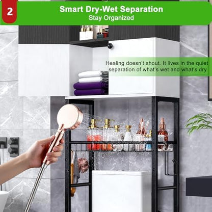 Over-The-Toilet Storage Rack, 4-Tier Bathroom Organizer Shelf Over Toilet with Barn Doors Cabinet and Basket, Freestanding Space Saver Bathroom Shelves with Paper Holder Above Toilet (Black & White)