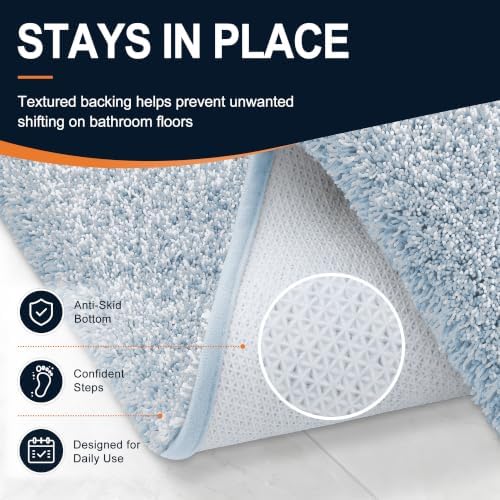OLANLY Microfiber Bathroom Rugs 24x16, Quick Dry Mat, Airy Blue and White
