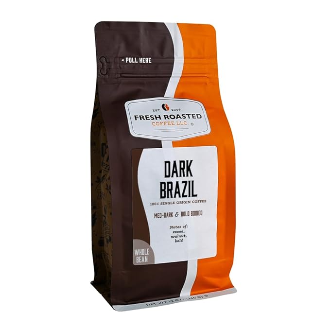 Fresh Roasted Coffee, Dark Brazil Whole Bean Coffee, Med-Dark Roast, Kosher, 12 oz