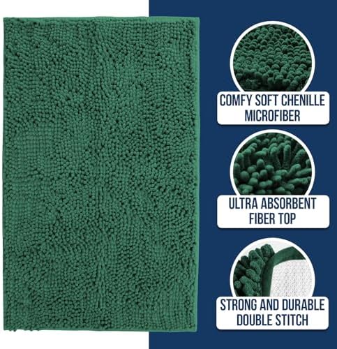 Muddy Mat® | Chenille Bathroom Rugs Quick Dry Microfiber Mats Non Slip Washable, Extra Thick, Soft and Highly Absorbent Bath Mats for Bathroom, Kitchen, and Shower Floor - Dark Green 24"x59"