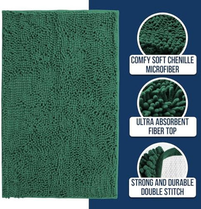 Muddy Mat® | Chenille Bathroom Rugs Quick Dry Microfiber Mats Non Slip Washable, Extra Thick, Soft and Highly Absorbent Bath Mats for Bathroom, Kitchen, and Shower Floor - Dark Green 24"x35"
