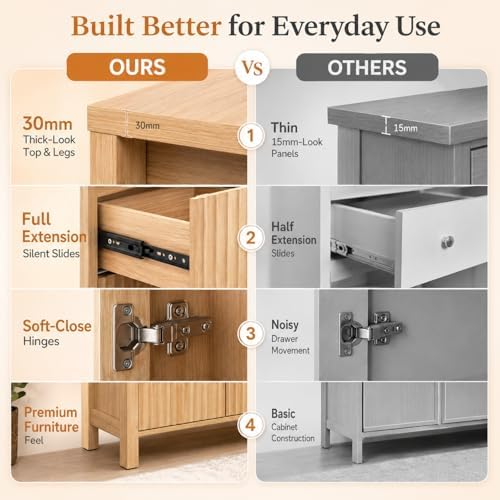 VINGLI Bathroom Storage Cabinet with 3 Drawers & Door, Slim Freestanding Floor Cabinet Organizer for Small Spaces, 30mm Thick-Look Top & Legs, Adjustable Shelf, Modern Fluted Cabinet, Natural Oak