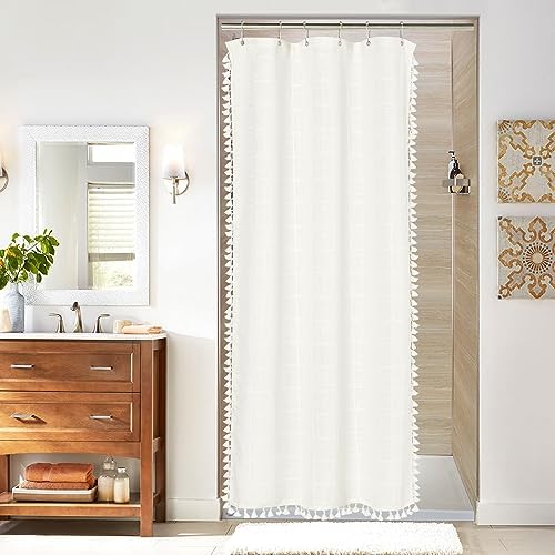 Boho Farmhouse Classic Plaid Linen Tassel Shower Curtain Ivory,36x72