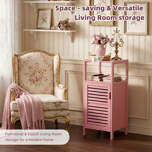HITNET Small Bathroom Storage Cabinet, Bamboo Floor Cabinet Single Door, Freestanding Narrow Side Organizer for Living Room Hallway Entryway, Pink