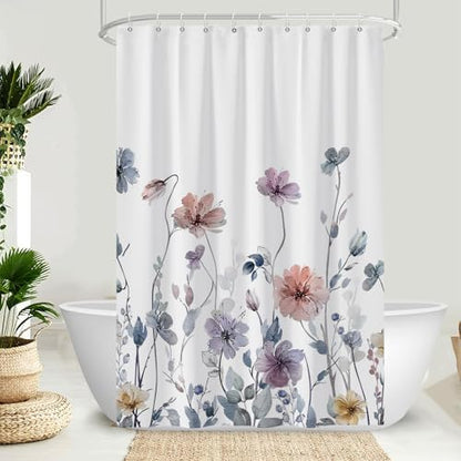 AWERT Wildflower Shower Curtain for Bathroom Watercolor Floral Shower Curtain with Hooks Waterproof Flower Printing Fabric Bathroom 48x72 Inch