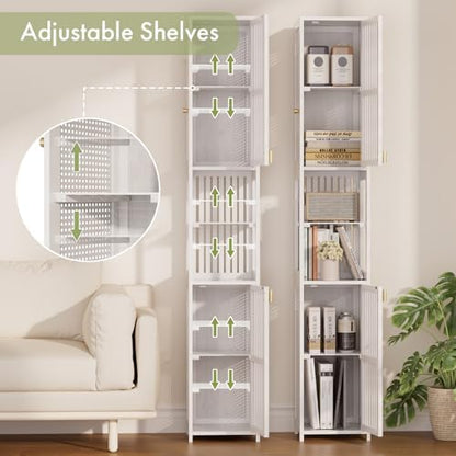 Amazer White Bathroom Storage Cabinet 70'', Bamboo Slim Storage Cabinet with Rattan Door and Adjustable Shelves, Narrow Freestanding Organizer for Living Room Kitchen