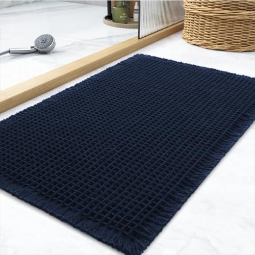 tchdio Waffle Bath Mat Rug, Super Absorbent Non Slip Bath Mats Ultra Soft Bathmat Machine Washable Bathroom Rugs with Tassels, Bath Rugs for Bathroom Floor Beside Tub, 18" x 30", Navy Blue