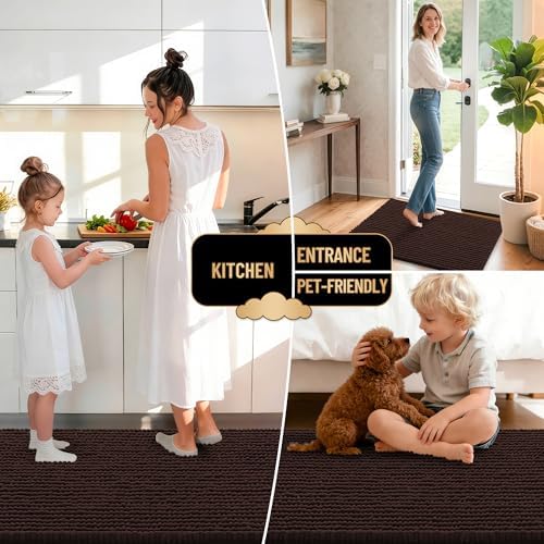 OLANLY Thick Chenille Large Bathroom Rugs 44x32, Absorbent Bath Mat, Brown