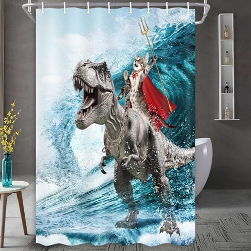 JAWO Camper Shower Curtain, Cool Cat Dinosaur Japanese Ocean Wave Rv Shower Curtains, Cat Riding Dinosaur Fun Nautical Bath Curtain for Kids Children, 47X64inch, Blue