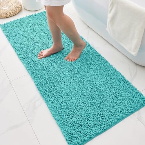 Bathroom Rugs Non Slip Washable 70x24, Extra Thick Soft Chenille Absorbent Bath Mat, High Density Barrier Non Slip Backing, Quick Dry Plush Shaggy Floor Carpet for Tub&Shower, TealBlue