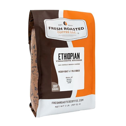 Fresh Roasted Coffee, Ethiopian Yirgacheffe Kochere, 2 lb (32 oz), Medium Roast, Kosher, Ground