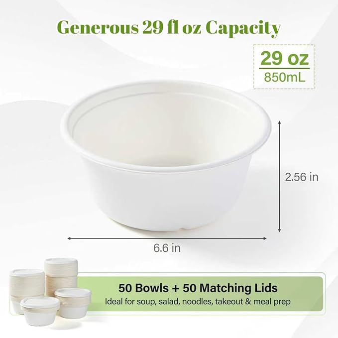 29 oz Disposable Bagasse Bowls with Lids, 50 Pack Compostable Soup Bowls with Lids, Sugarcane Fiber Food Containers, Enhanced Coating, Oil & Moisture Resistant, Microwave Safe for Takeout & Meal Prep