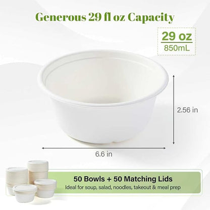 29 oz Disposable Bagasse Bowls with Lids, 50 Pack Compostable Soup Bowls with Lids, Sugarcane Fiber Food Containers, Enhanced Coating, Oil & Moisture Resistant, Microwave Safe for Takeout & Meal Prep