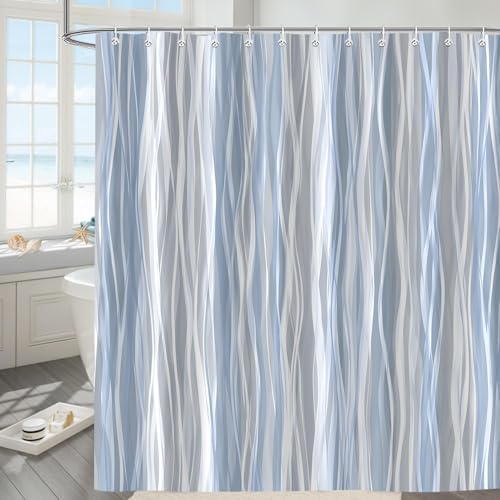 Moonslim Blue Grey Ombre Shower Curtain, Modern Wavy Abstract Striped Line Bathroom Curtain, Waterproof Fabric Bath Decor, 72 x 84 Inch