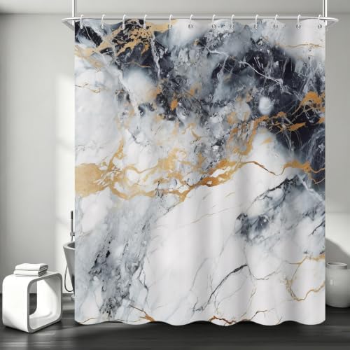 Abstract Marble Shower Curtain Modern Charcoal Luxury Gold Ink Texture Gray Ombre Watercolor Bathroom Curtain Set with Hooks Soft and Lightweight Waterproof Fabric Machine Washable 48" Wx72 L