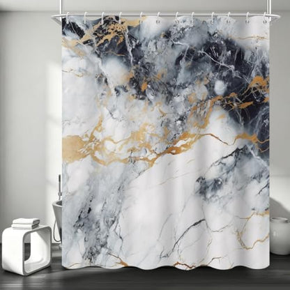 Abstract Marble Shower Curtain Modern Charcoal Luxury Gold Ink Texture Gray Ombre Watercolor Bathroom Curtain Set with Hooks Soft and Lightweight Waterproof Fabric Machine Washable 48" Wx72 L