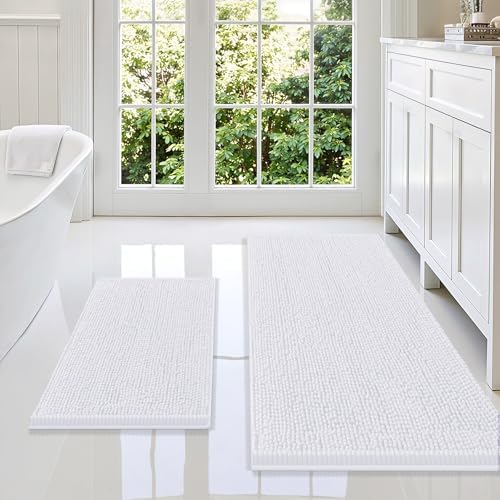 Smiry Chenille Bathroom Rugs Sets 2 Piece (47x20+24x16, White)