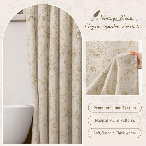 Farmhouse Vintage Linen Shower Curtain for Bathroom, Beige Floral