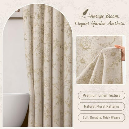 Farmhouse Vintage Linen Shower Curtain for Bathroom, Beige Floral