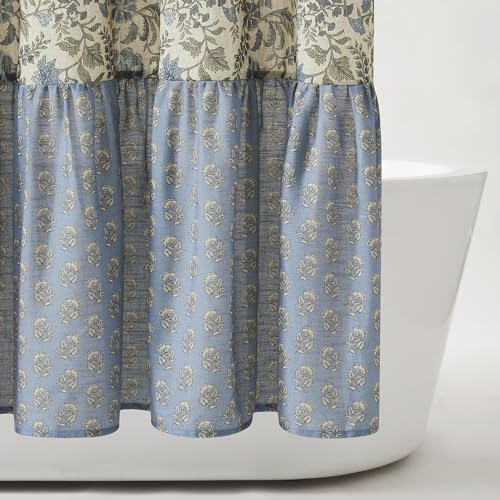 Lush Decor Lillian Block Print Linen Textured Shower Curtain Single 72" W x 72" L Blue & Sage - Vintage Floral Shower Curtains - Ruffled Bath Curtain
