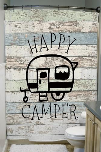 JAWO Happy Campers Shower Curtain Retro Rustic Wood Neutral Color for Travel Trailer Camping Theme Motor RV Bathroom Stall Shower Curtain Set, Waterproof Fabric Shower Cutain, Hooks Include 72X73