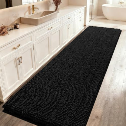 ACCUMTEK Striped Black Bathroom Rug Mat 48"x17" Ultra Soft, Non Slip Chenille Bath Rugs, Absorbent Plush Shaggy Bath Mats for Bathroom, Bedroom, Kitchen, Shower, Tub