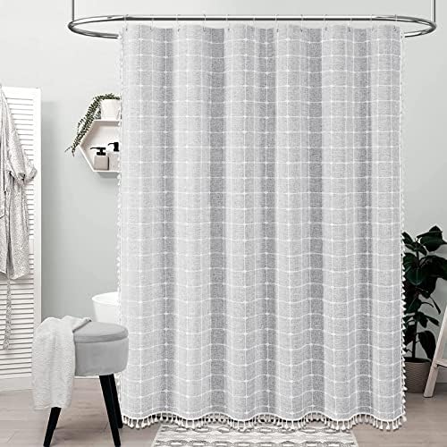 BTTN Long Boho Farmhouse Linen Heavy Duty Shower Curtain, 72x84, Gray/Grey
